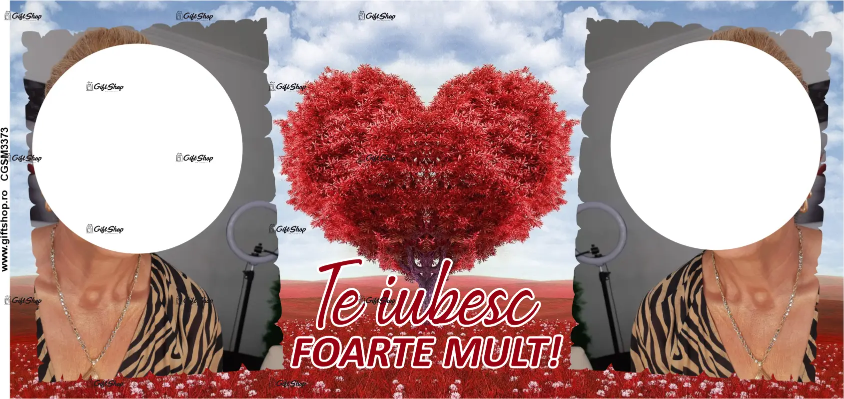 Te iubesc foarte mult, cana din ceramica, 330ml, personalizata cu 2 poze si text model 3373
